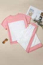 White Two-tone Color Block Patchwork Tee Drawstring Loose Pant Set