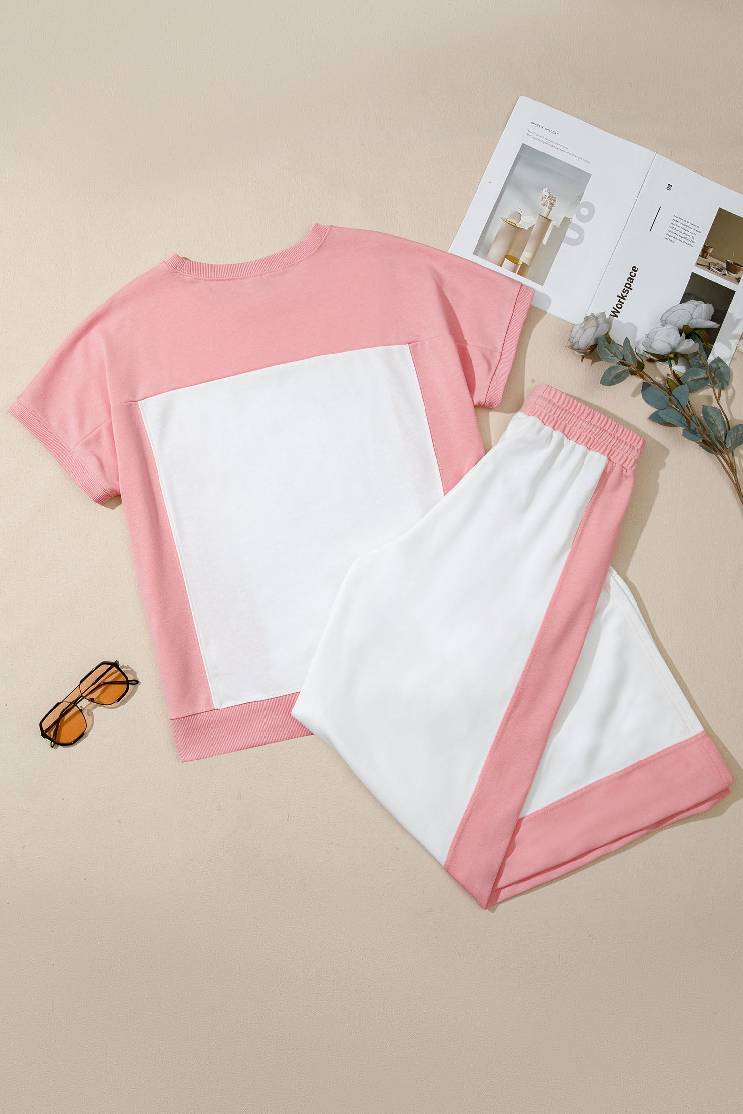 White Two-tone Color Block Patchwork Tee Drawstring Loose Pant Set