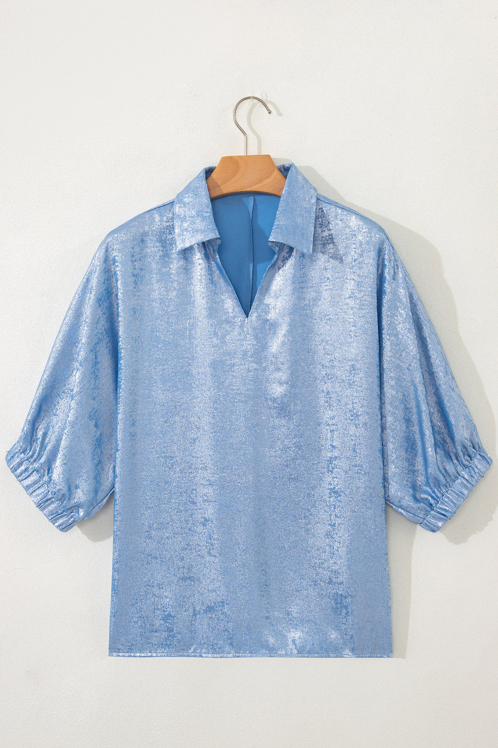 Collared V Neck Half Sleeve Metallic Top