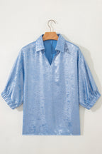 Collared V Neck Half Sleeve Metallic Top