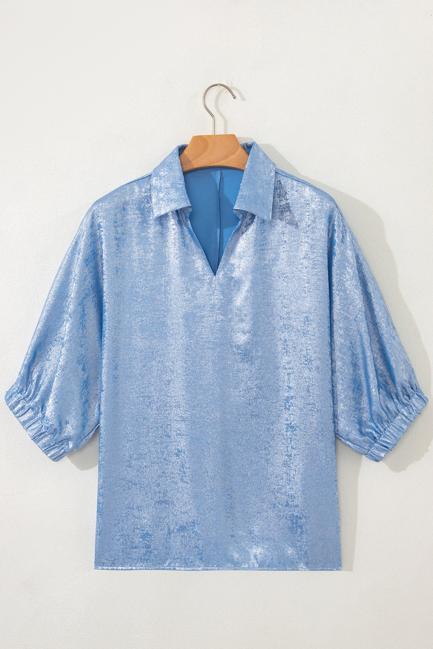Collared V Neck Half Sleeve Metallic Top