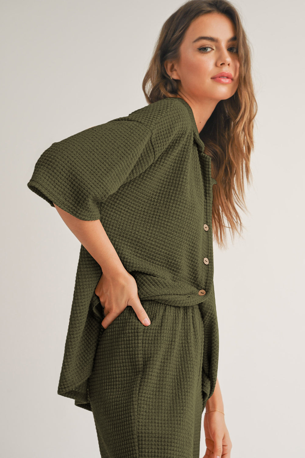 Rose Red Solid Color Textured Buttoned Shirt and Casual Pants Set