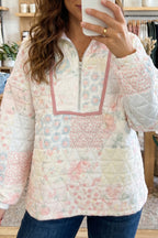 Multicolour Floral Quilted Metal Zipper Collar Long Sleeve Sweatshirt