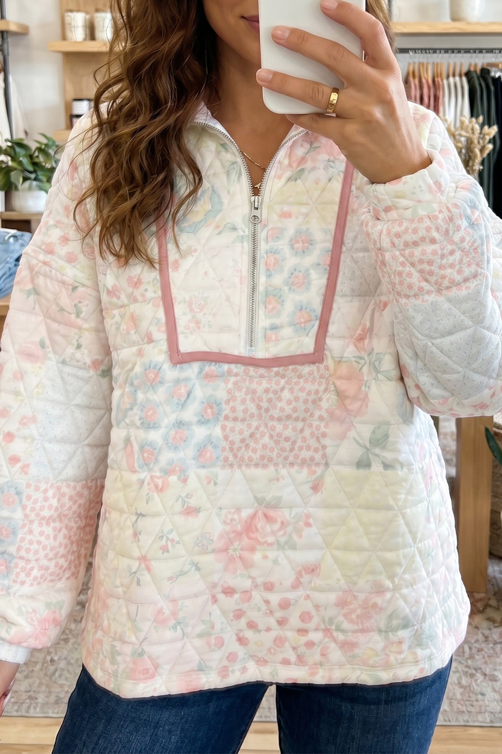 Multicolour Floral Quilted Metal Zipper Collar Long Sleeve Sweatshirt