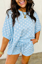 Sky Blue Polka Dot Oversized Top Drawstring Short Set