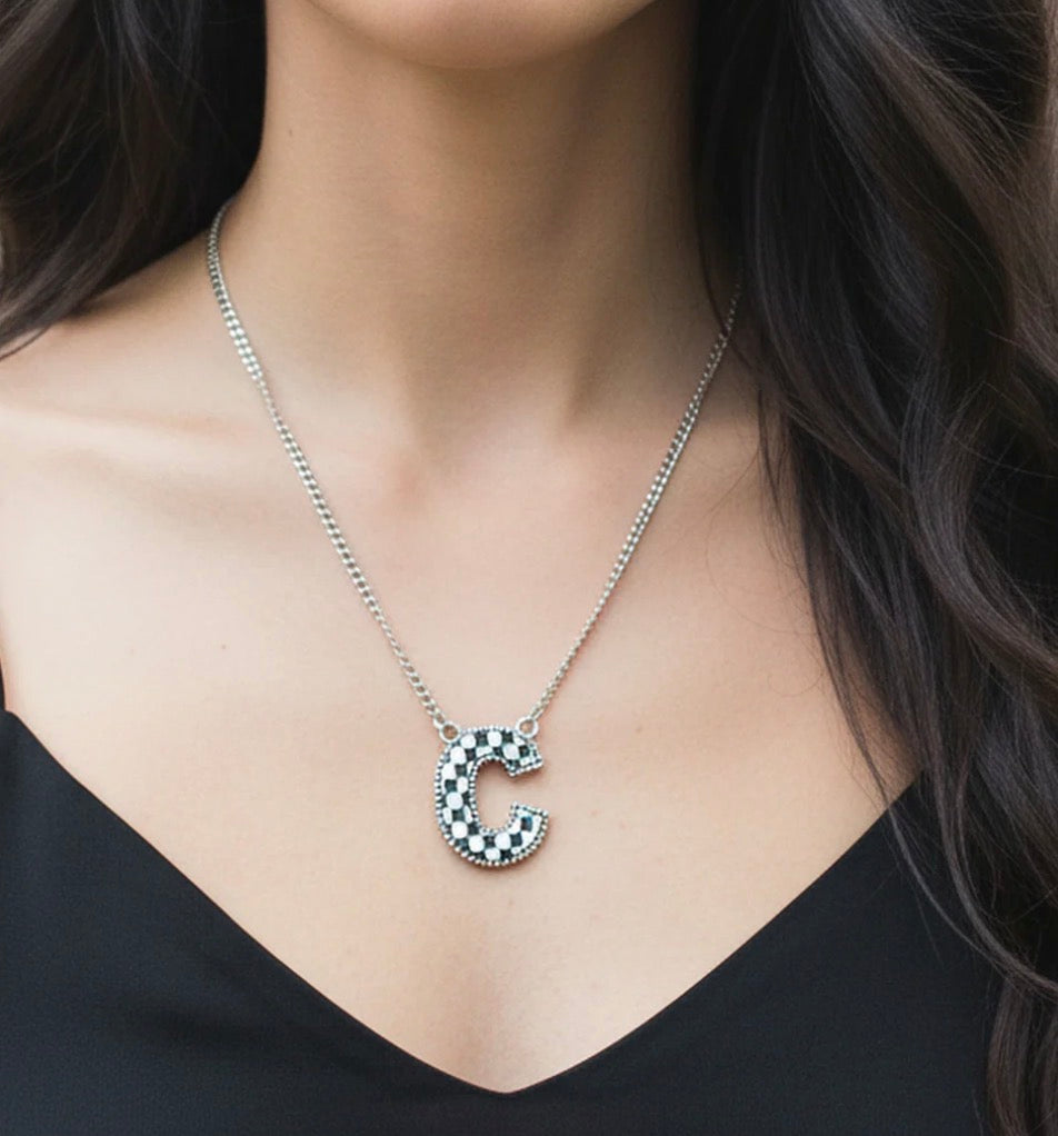 Checkered Initial Necklace - Black and White