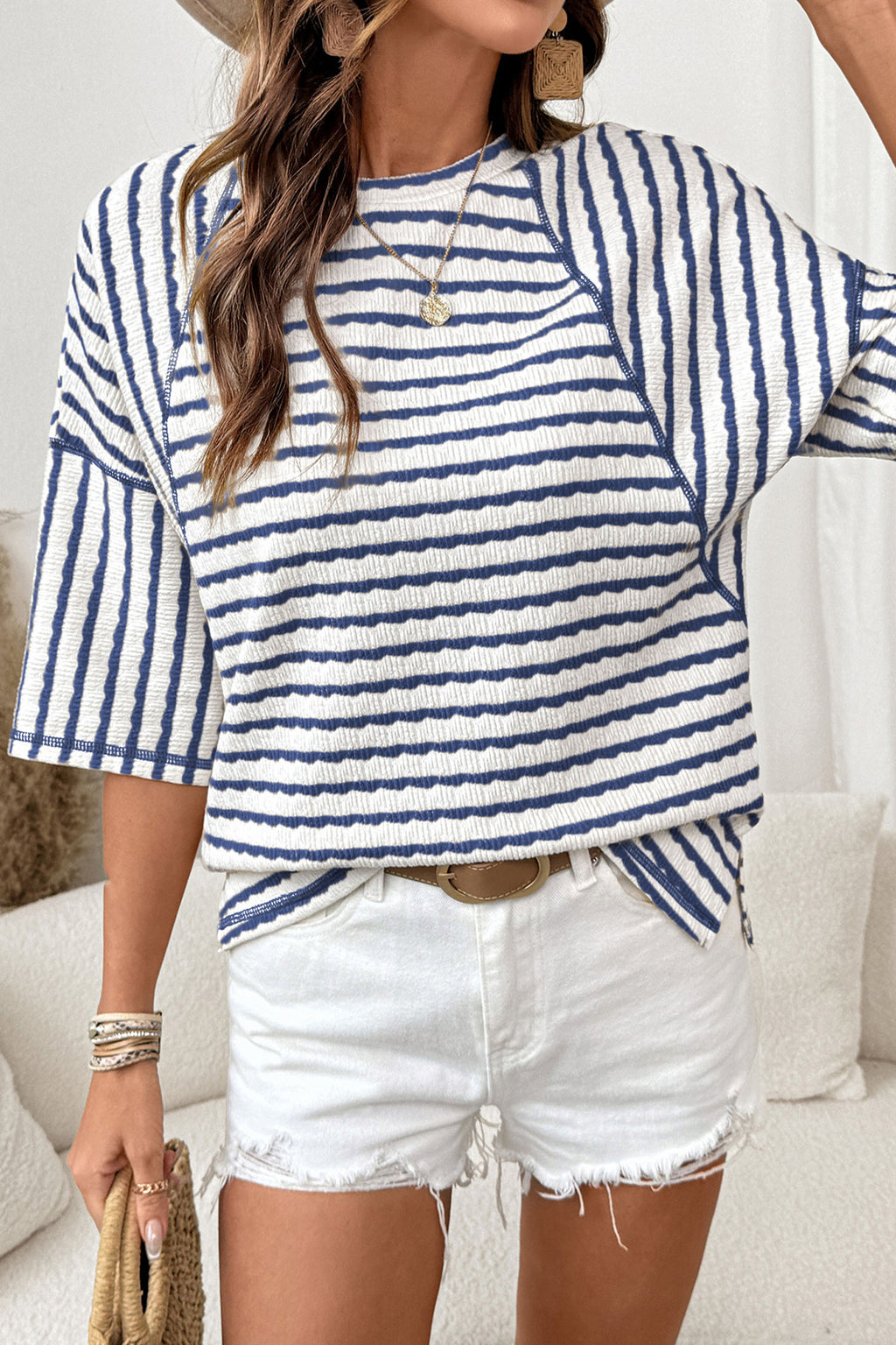 Pink Stripe Textured Knit Split Hem Half Sleeve Loose Top