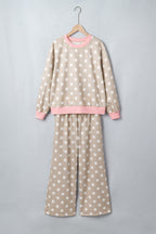Khaki Polka Dot Contrast Trim Long Sleeve Top Drawstring Shift Pants Set