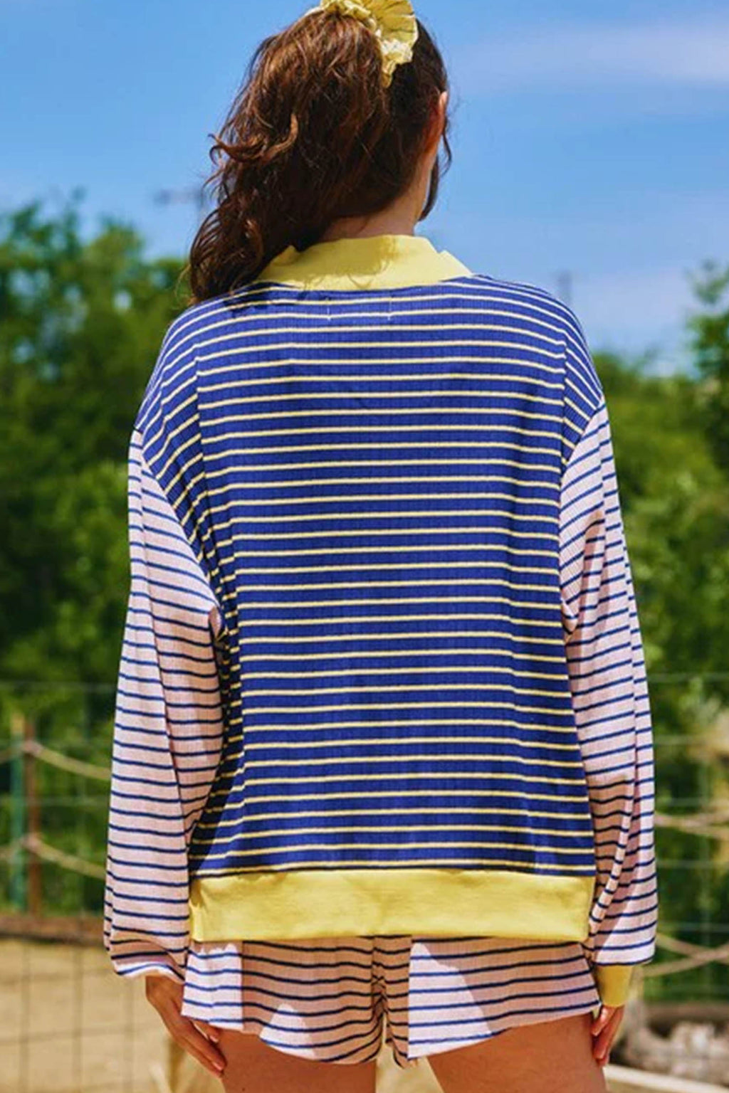 Blue Stripe Color Block Long Sleeve Pullover Ribbed Knit Casual Shorts Set