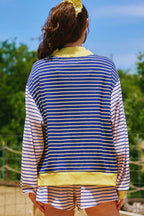 Blue Stripe Color Block Long Sleeve Pullover Ribbed Knit Casual Shorts Set