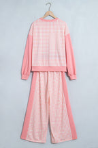 Green Color Block Plaid Patchwork Long Sleeve Pullover Wide Leg Pant Set
