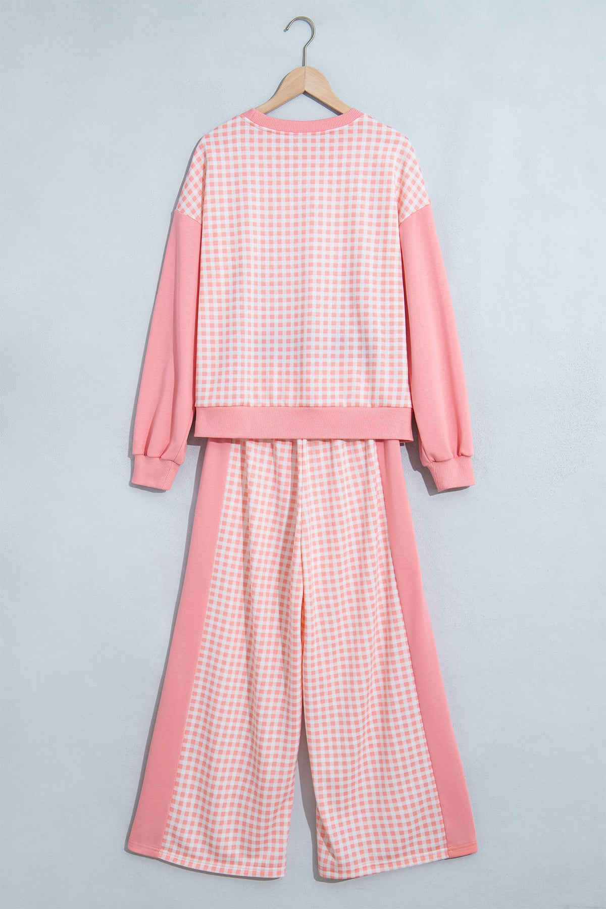 Green Color Block Plaid Patchwork Long Sleeve Pullover Wide Leg Pant Set