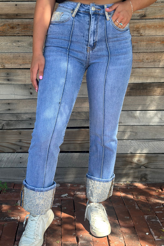 Kreek Embroidered Cuffed Jeans