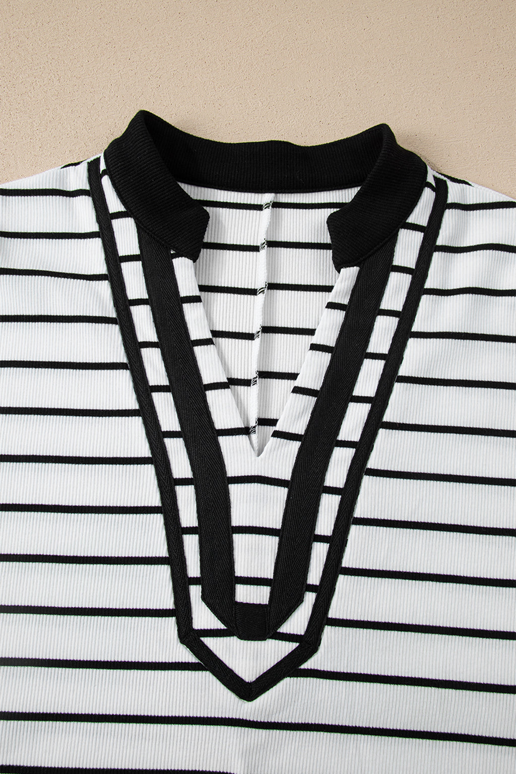 Black Stripe Stand Collar V Neck Elastic Cuffs Half Sleeve Dolman Top