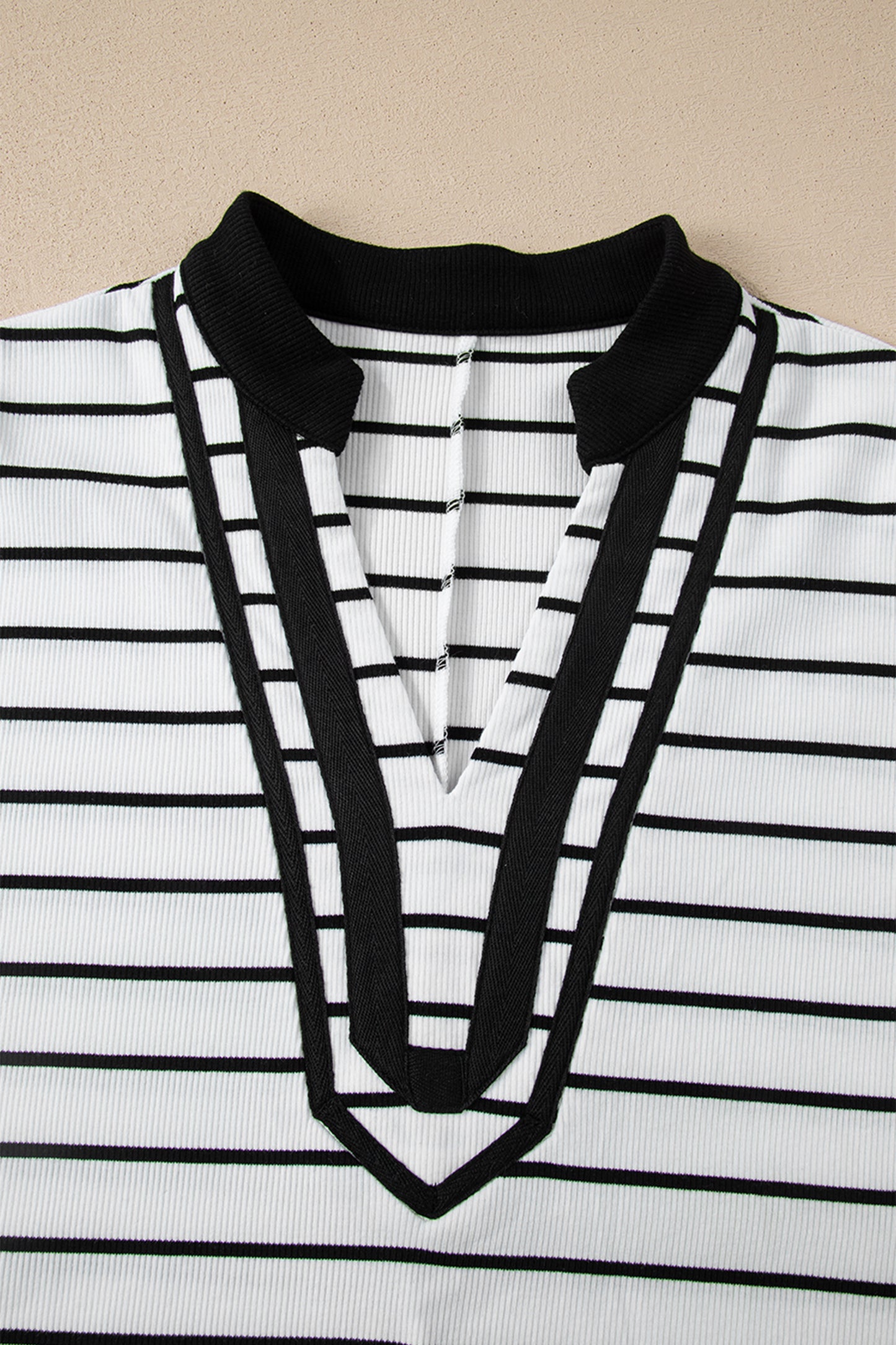 Black Stripe Stand Collar V Neck Elastic Cuffs Half Sleeve Dolman Top