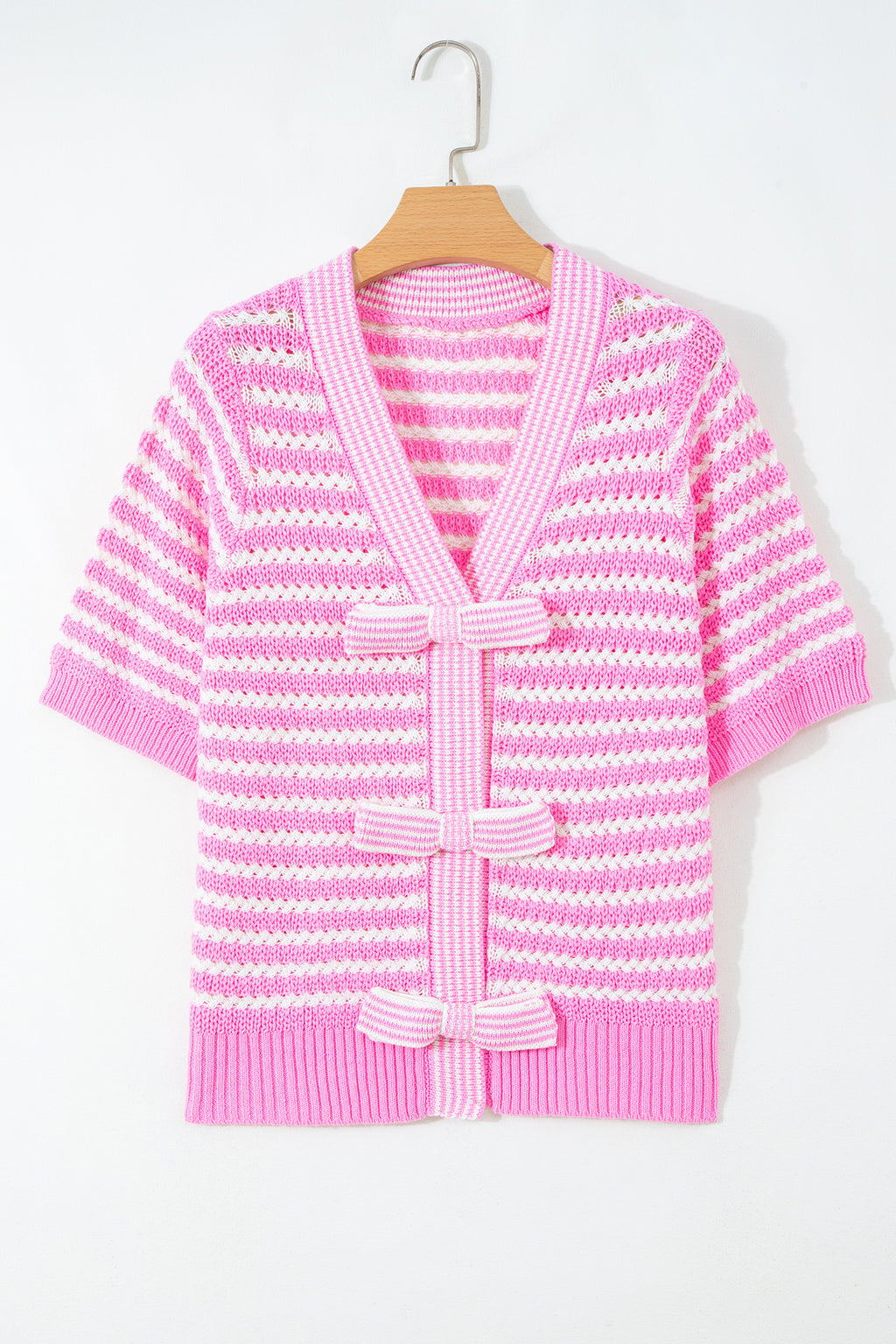Black Stripe Short Sleeve Knit V Neck Bow Knot Sweater