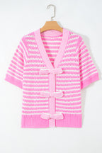Black Stripe Short Sleeve Knit V Neck Bow Knot Sweater