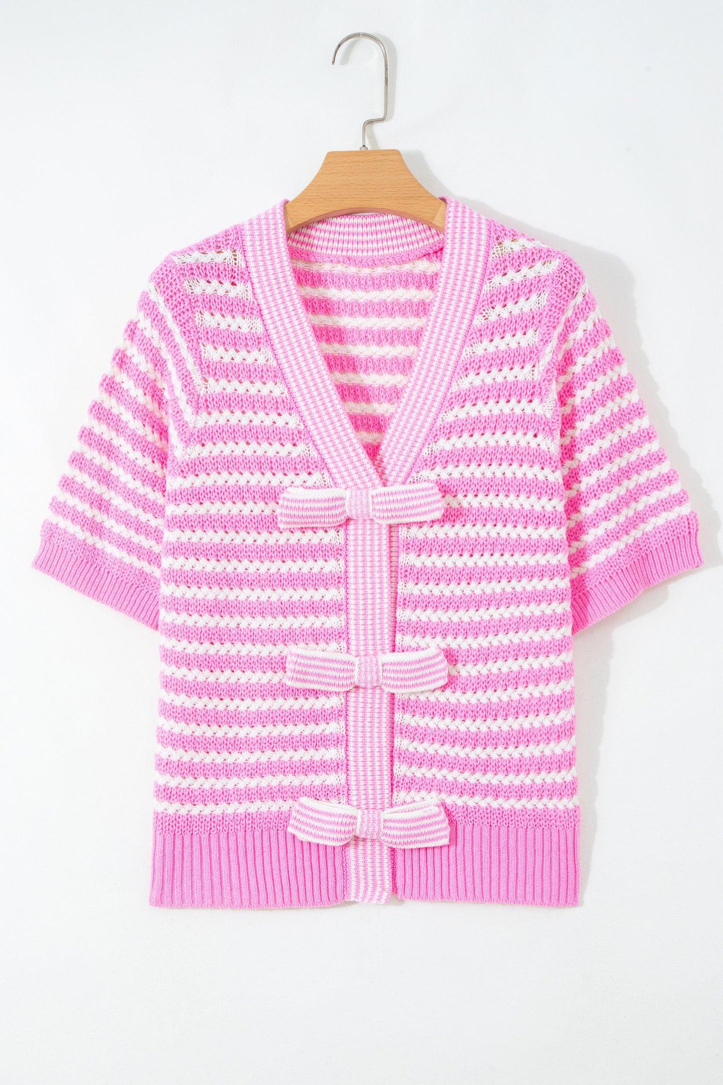 Black Stripe Short Sleeve Knit V Neck Bow Knot Sweater