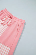 Green Color Block Plaid Patchwork Long Sleeve Pullover Wide Leg Pant Set