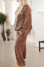 Khaki Leopard Pullover and Pants 2pcs Outfit with Bow Embroidery