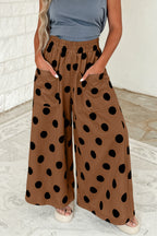Brown Polka Dot Wide Leg Elastic Waist Casual Pants