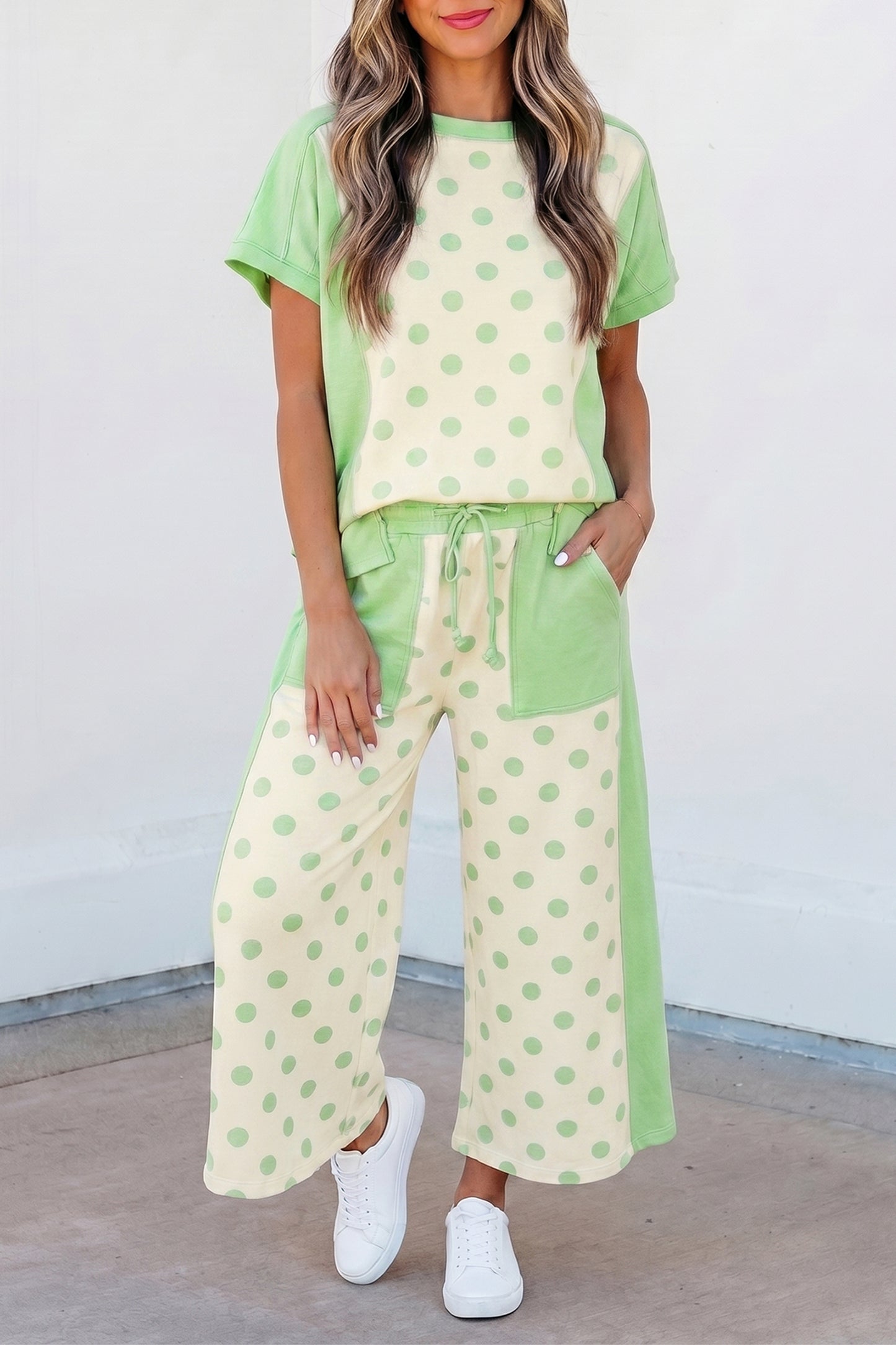 Color Block Patchwork Polka Dot Wide Leg Pant Set