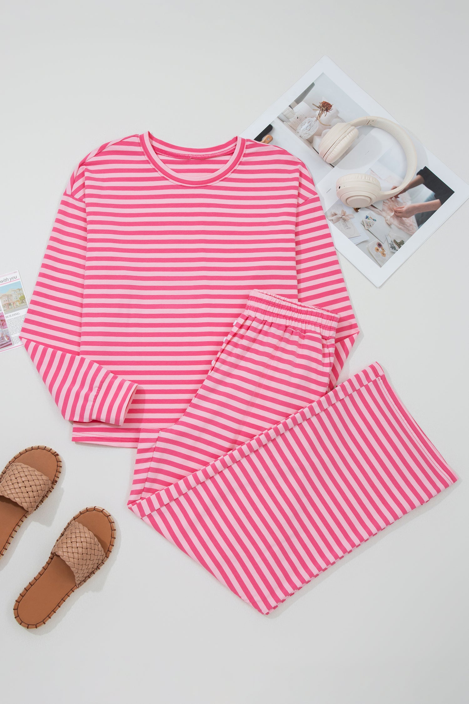 Pink Stripe Drop Shoulder Round Neck Top and Buttoned Straight Pants Two Piece Set