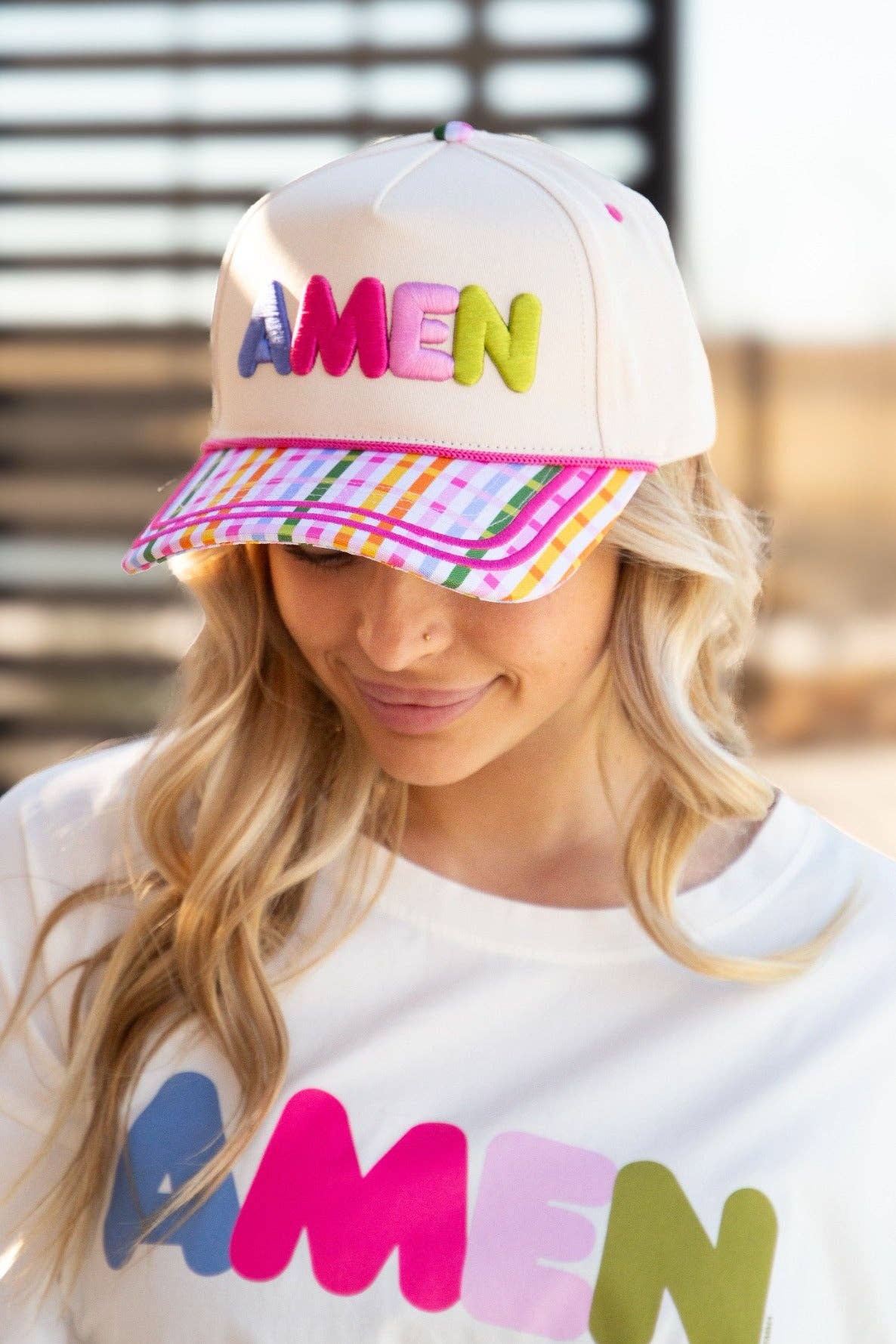 "Amen" on Tan Hat with Plaid Bill