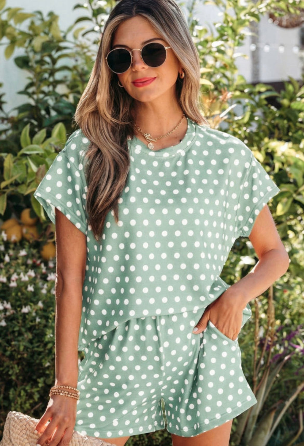Green Polka Dot Print Short Set
