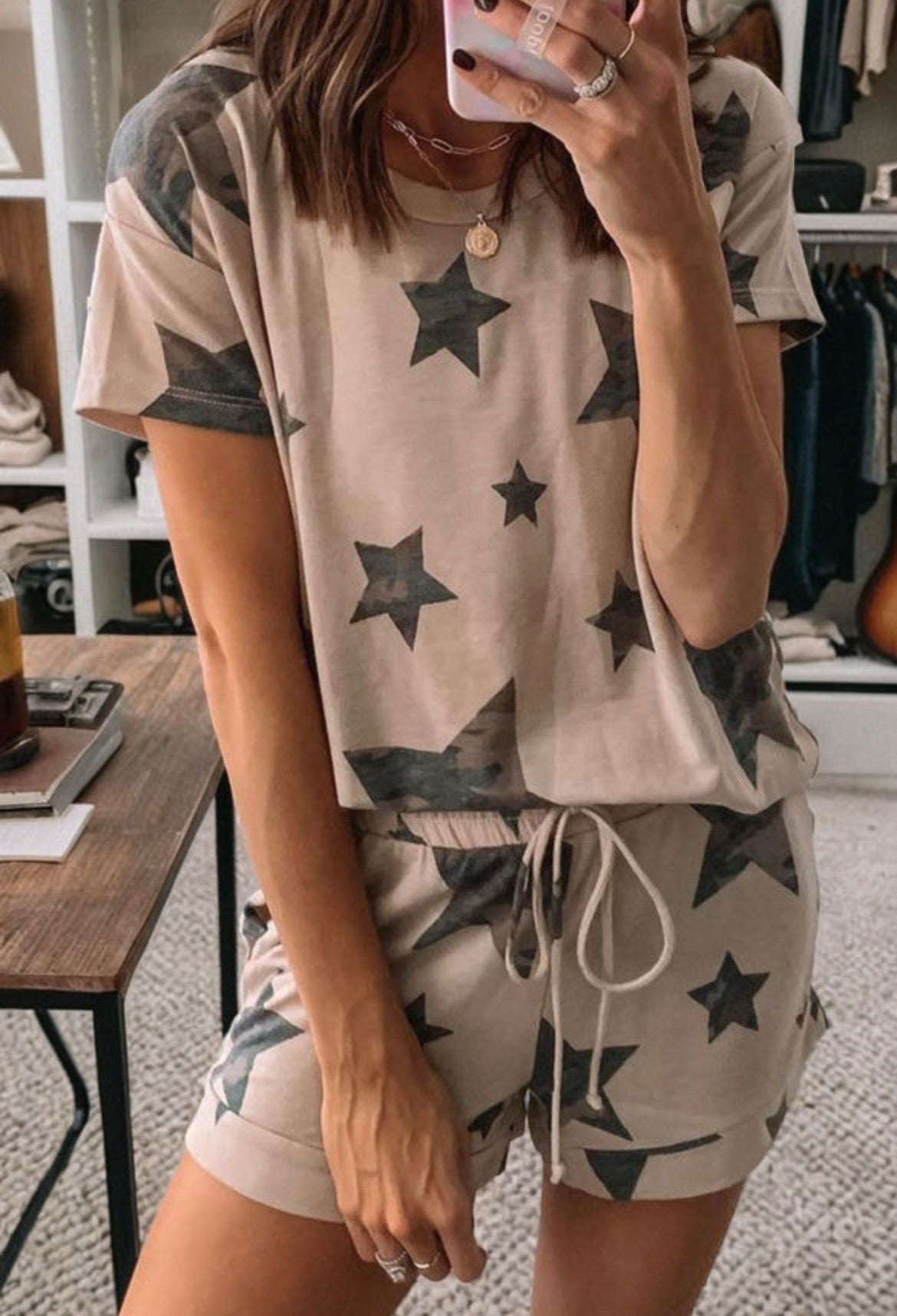Khaki camo star print short lounge set