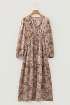 Sky Blue Floral Print Smocked High Waist Long Sleeve Maxi Dress