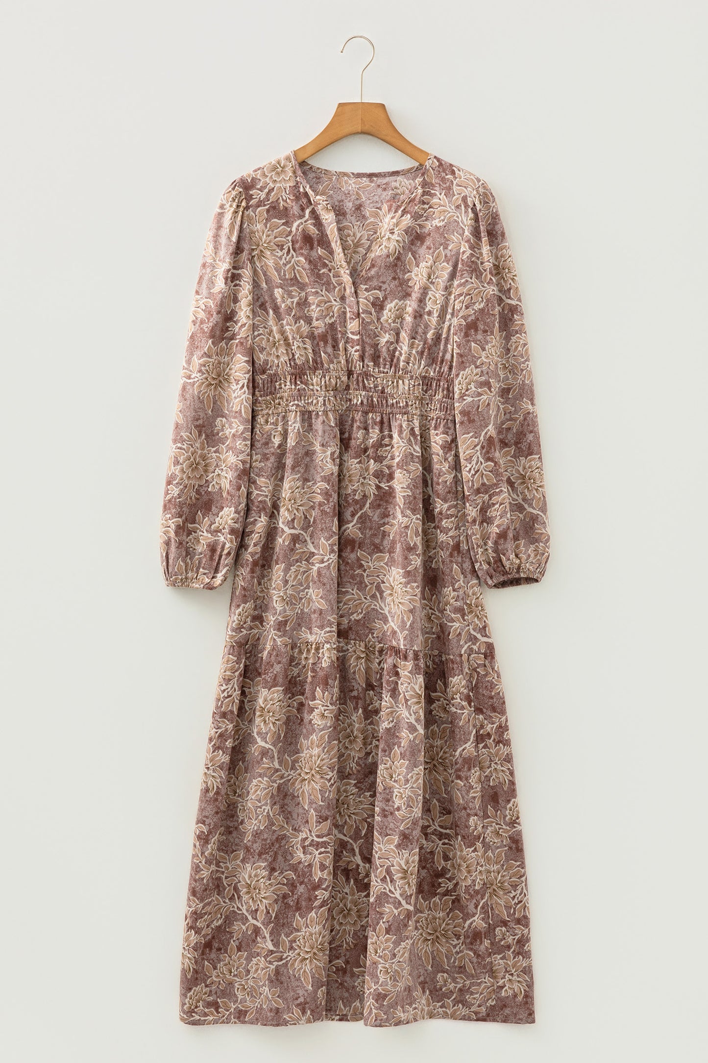 Sky Blue Floral Print Smocked High Waist Long Sleeve Maxi Dress