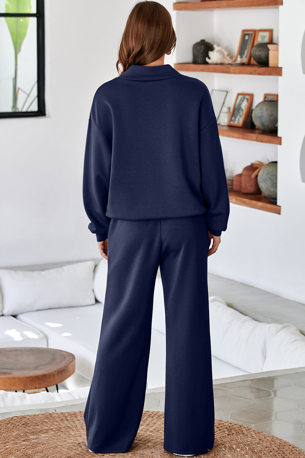 Solid color cowl neck drawstring pullover and wide-leg athleisure pants set by Dear-Lover, featuring a comfortable two-piece outfit.