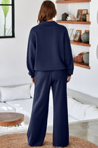 Solid color cowl neck drawstring pullover and wide-leg athleisure pants set by Dear-Lover, featuring a comfortable two-piece outfit.