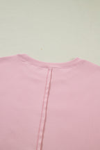 Light Pink Solid Color Bow Textured Patchwork Long Sleeve Tee