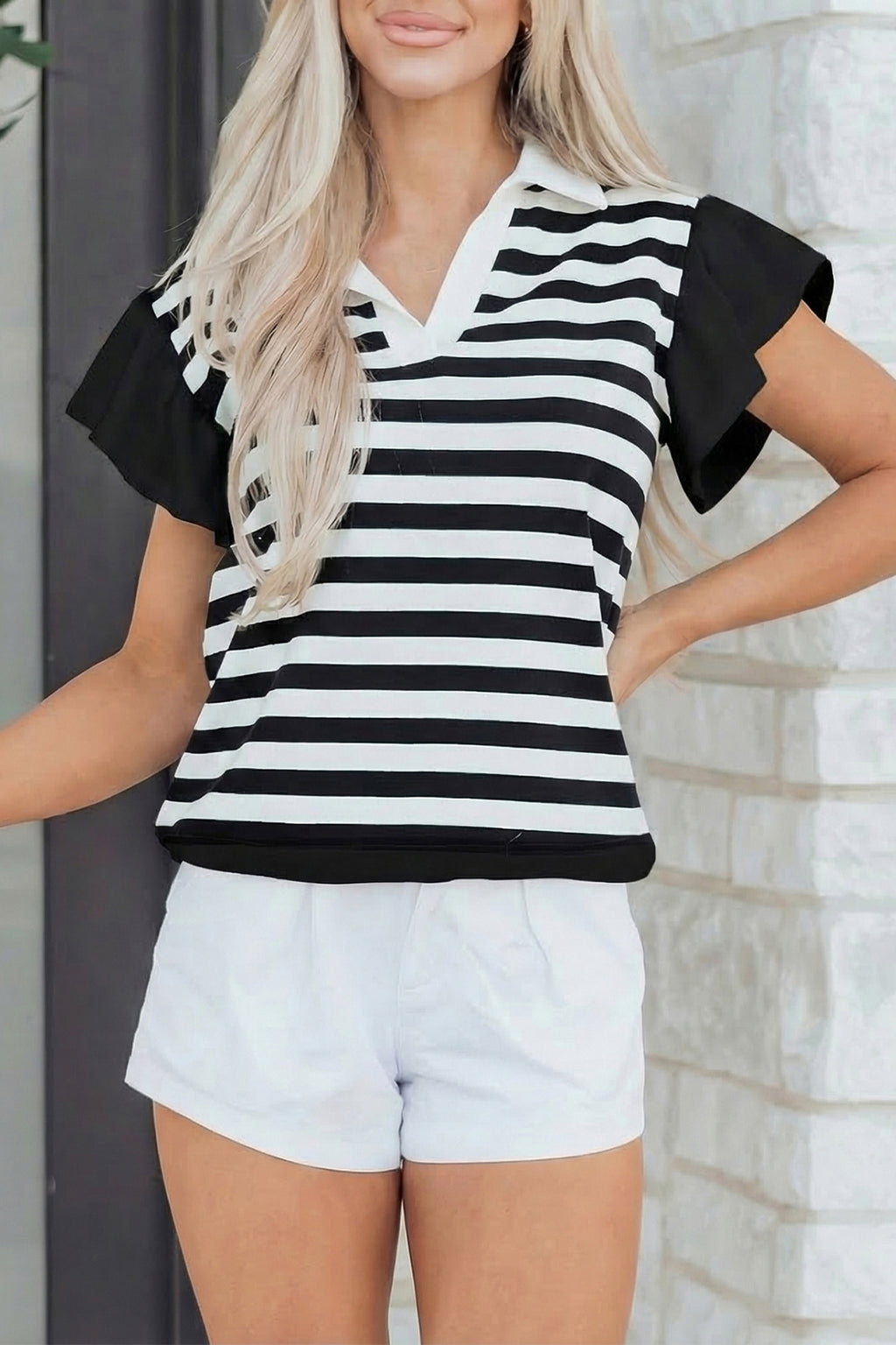 Black Stripe Collar V Neck Ruffled Short Sleeve Blouse