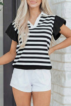 Black Stripe Collar V Neck Ruffled Short Sleeve Blouse
