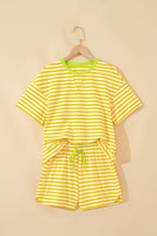 Stripe Contrast Neck Loose Tee and Drawstring Shorts Set