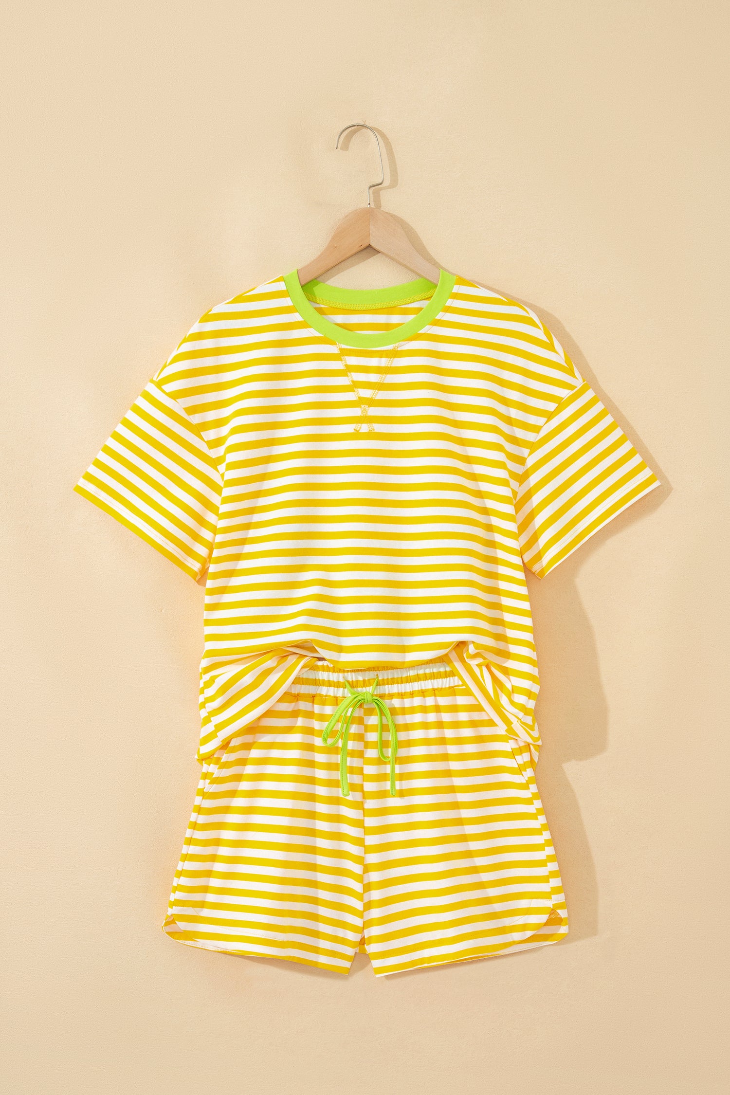 Stripe Contrast Neck Loose Tee and Drawstring Shorts Set