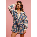 WASHED FLORAL DENIM ROMPER WITH CONTRAST COLLAR
