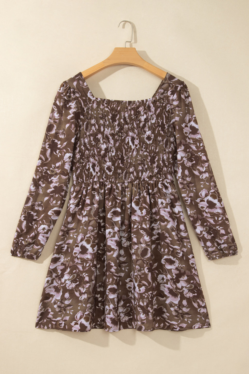 Brown Abstract Floral Print Square Neck Long Sleeve Mini Shift Dress