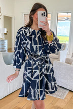 Blue Abstract Geometric Print Zip Front Tie Waist Shift Dress