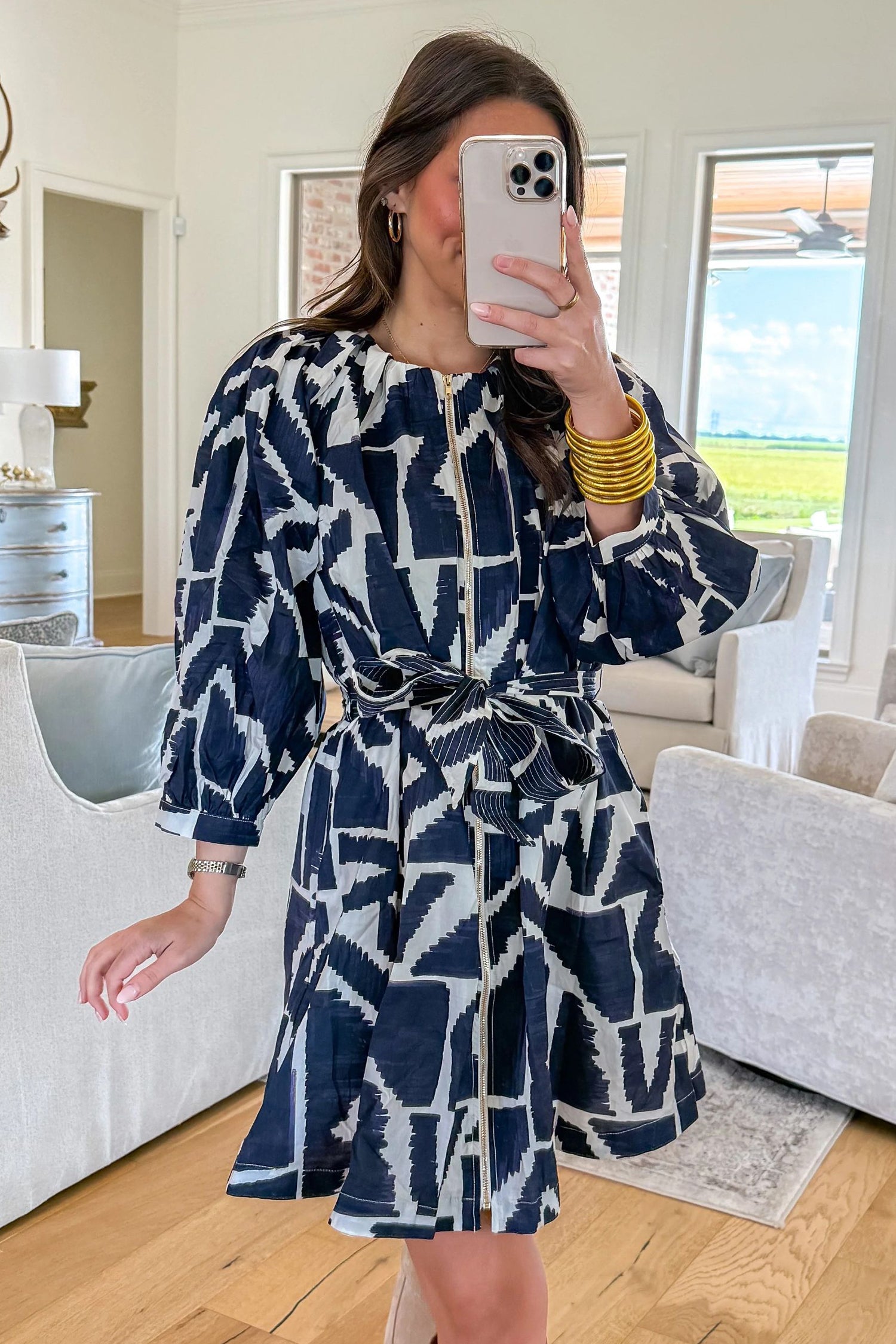 Blue Abstract Geometric Print Zip Front Tie Waist Shift Dress