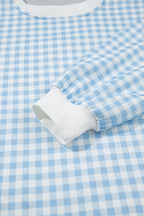 Sky Blue Plaid Baggy Pullover Drawstring Casual Shorts 2pcs Outfit