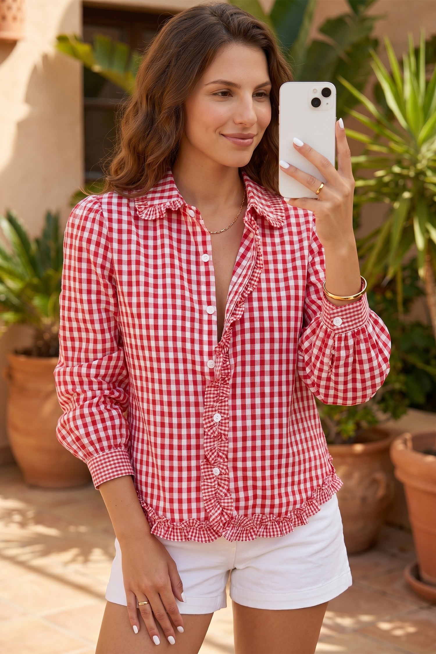 Red Plaid Long Sleeve Button Down Frill Detail Casual Shirt