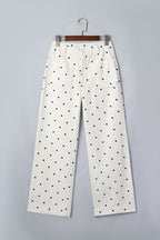 White Polka Dot Print Scalloped Patch Pocket Cotton Shift Pants