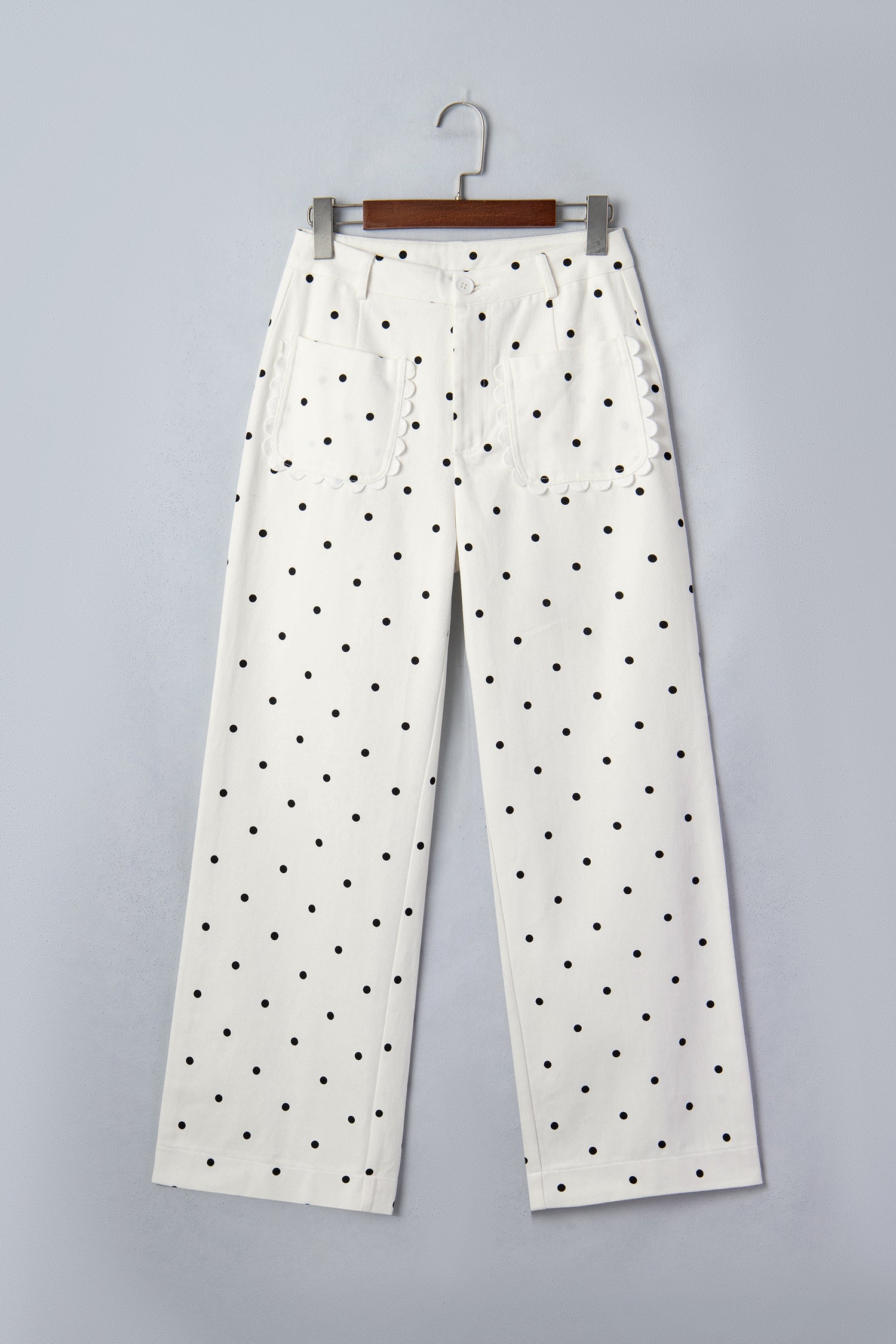 White Polka Dot Print Scalloped Patch Pocket Cotton Shift Pants