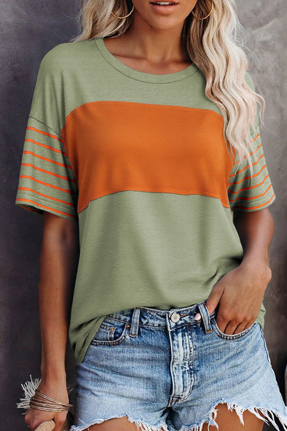 Red Dahlia Color Block Striped Detail Loose T Shirt