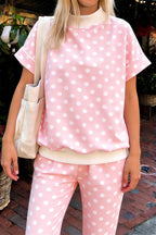 Pink Polka Dot Print Mock Neck Short Sleeve Top Shift Pant Set
