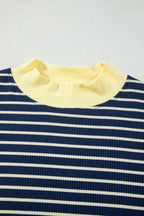 Blue Stripe Color Block Long Sleeve Pullover Ribbed Knit Casual Shorts Set